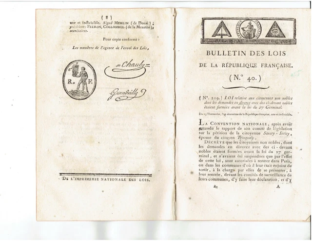 RÉVOLUTION 1794 loi divorce, assignats, sigèe le Quesnoy, ports de