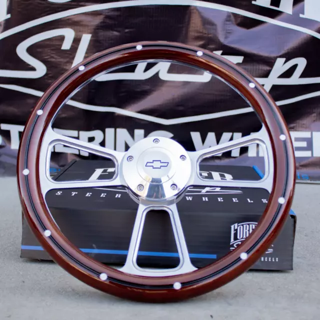 14" Billet Steering Wheel for Chevy - Mahogany with Rivets and Chevy Horn Button