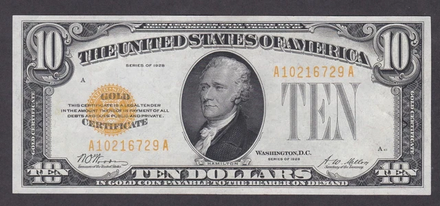 [XF-AU] 1928 Gold Certificate 10 Dollars Fr-2400 A10216729A [012-2]