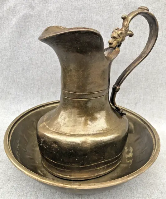 Heavy antique french bronze pitcher and plate 19th century gargoyle 7lb