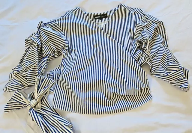 Style Mafia X Free People Sz M Madeline Wrap Top Blue/Wht Stripe Gathered Sleeve