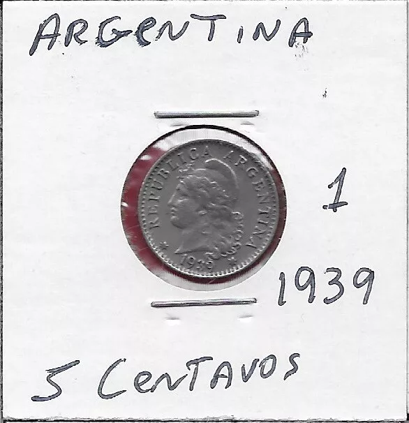 Argentina 5 Centavos 1939 Vf Capped Liberty Head Left,Denomination Within Wreath