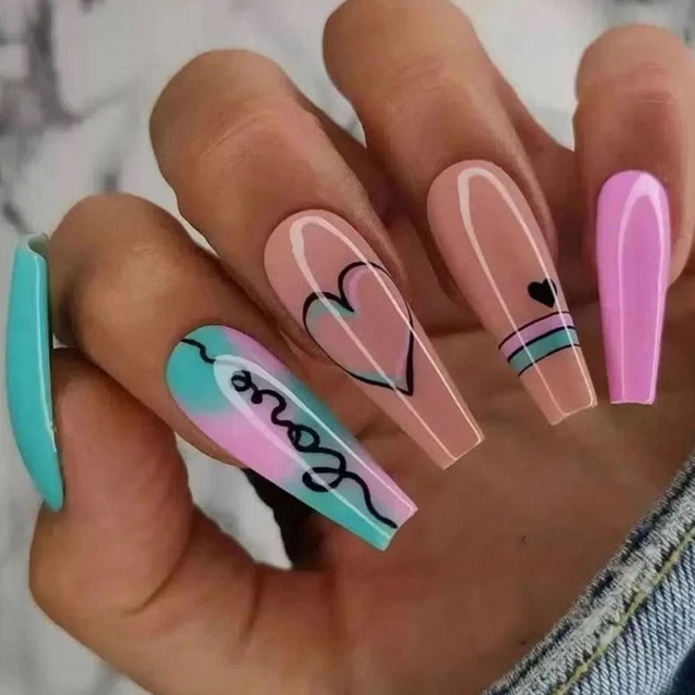 les ongles Couverture complète Longue ballerine Français Bleu Rose Faux ongles