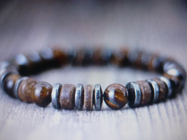 Bracelet Perles Oeil De Tigre Et Disque Hématite & Bois - Fait Main Sur Mesure - Neuf