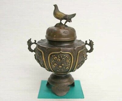 Incense burner Japanese Bronze Koro Takaoka Craft Flower Bird Pigeon Japan
