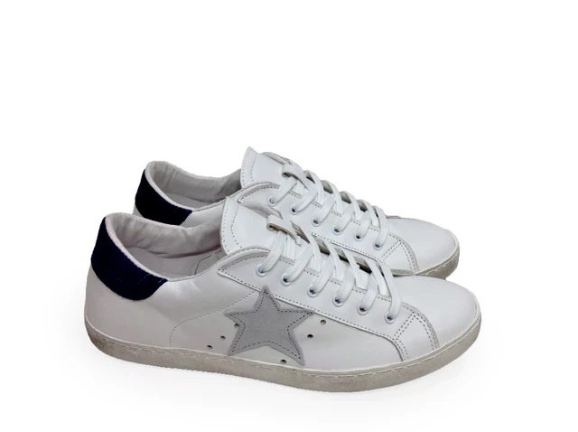 scarpe sneakers basse uomo donna Via Condotti pelle bianco blu stella grigia