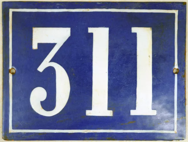 Large old blue French house number 311 door gate plate plaque enamel steel sign