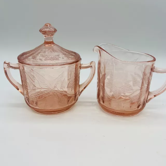 Vtg Pink Glass Depression Floral Poinsettia Jeanette Dessert Creamer Sugar Tea