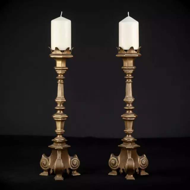 Candlesticks Pair | Two French Gothic Pricket Bronze Candle Holders | 16.1"