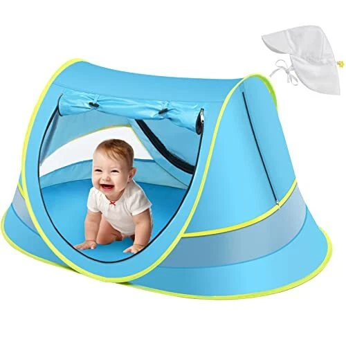 Baby Beach Tent with Baby Hat, Pop Up Toddler Travel Tent with Sun Hat for