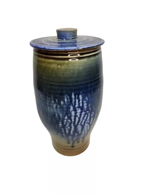 Vintage 11” Studio Art Stoneware Pottery Canister Jar w/ Lid Blue Glaze Signed