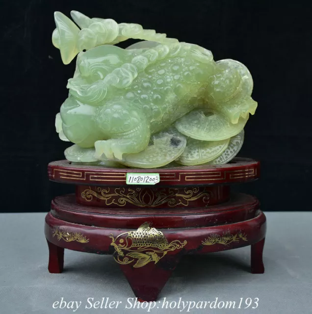 12.4" Chinese Natural Green Xiu Jade Carved Fengshui Frog Bufonid Wealth Statue