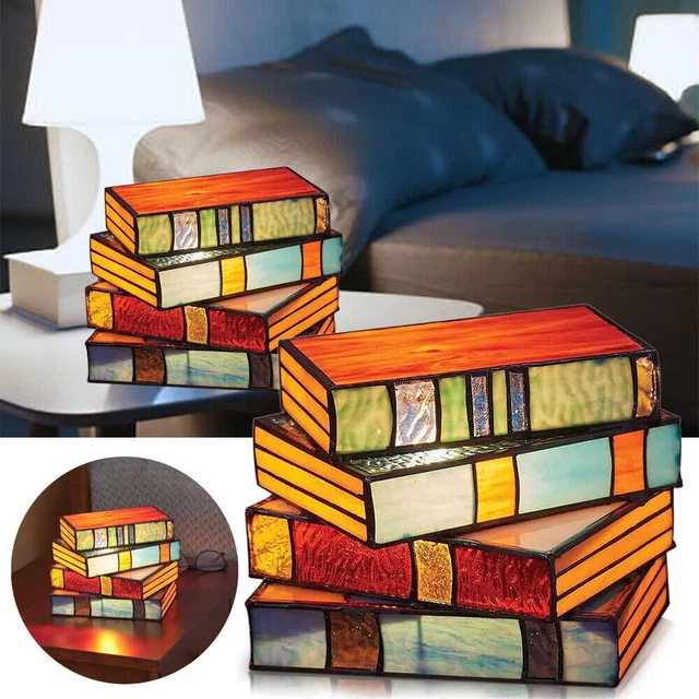STAINED GLASS STACKED Books Lamp Reading Nook Lighting Vintage Night ...