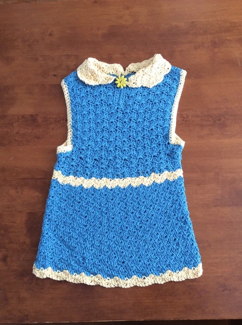 Abito da bambina all'uncinetto vintage ispirato agli anni '70, blu/giallo, circa 3 anni