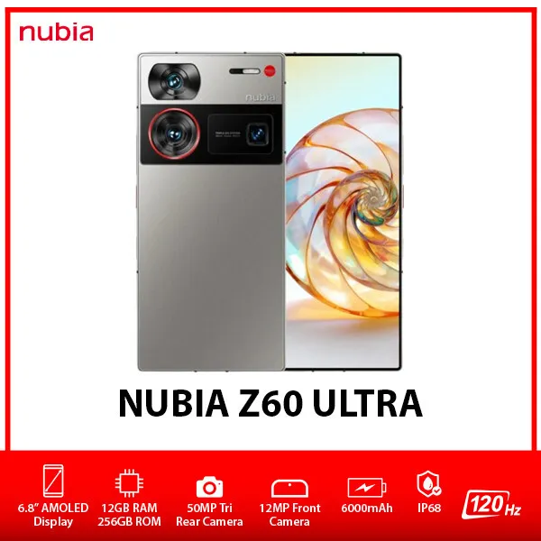 ZTE nubia Z60 Ultra 5G Silver 256GB 8GB RAM Gsm Unlocked Phone Qualcomm  SM8650-AB Snapdragon 8 Gen 3 50MP DISPLAY 6.8 inches, Processor Qualcomm  SM8650-AB Snapdragon 8 Gen 3 FRONT CAMERA 12MP+16MP