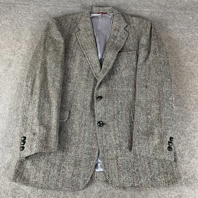 HARRIS TWEED JACKET Mens 40L Grey Herringbone Weave Blazer Coat Striped ...