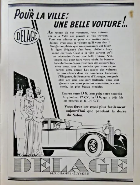Publicité De Presse 1930 Voiture Delage D8 6 Cylindres 17 Cv Et La D6 A 14 Cv
