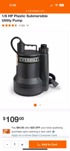 Everbilt SUP54-HD 1/6hp Plastic Submersible Utility Pump