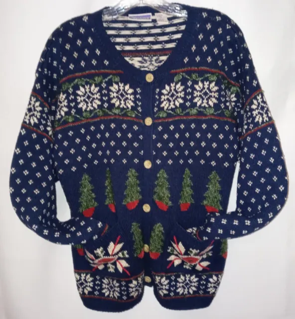 North Crest Sweater L Blue Button Front Knit Holiday Winter Snowflake Cardigan