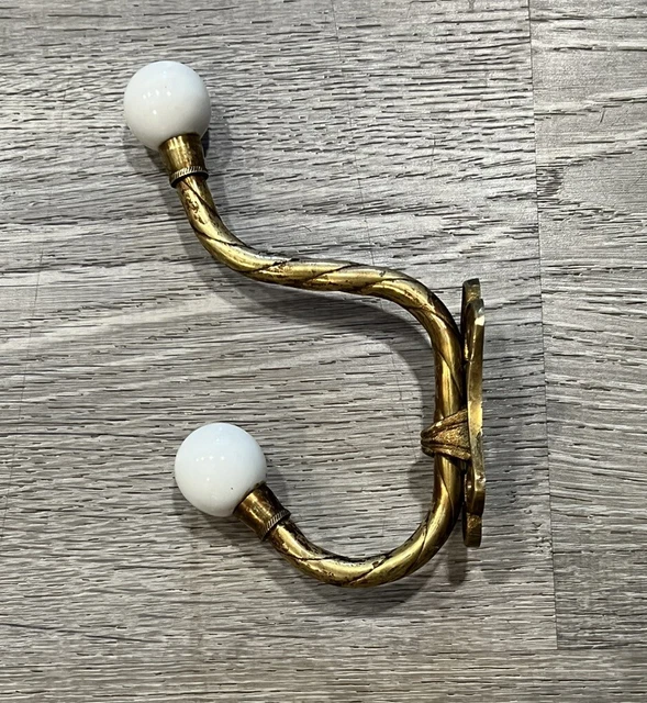 Brass and Porcelain Wall Mount Double Coat Hook with Screws
