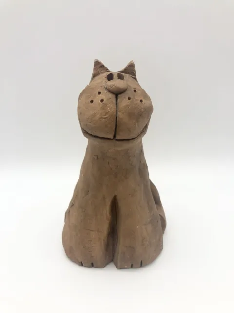 Art Pottery Happy Cat Figurine Anthropomorphic Naive Art Sculpture 6.25”