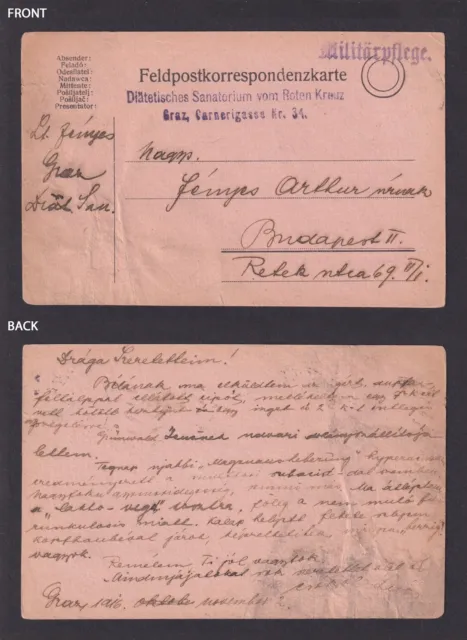 HUNGARY, WWI Postcard to Budapest from Red Cross Dietetic Sanatorium Austria