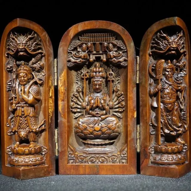 Vintage Japanese Netsuke Old Boxwood Carved Three Open Buddha Box Statue #4