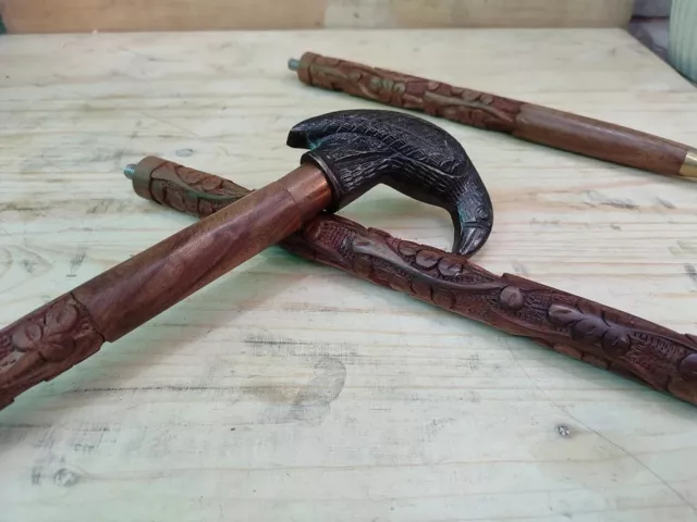 Vintage Wooden Walking Stick Brass Crow Handle Black Antique Cane Gift Handmade