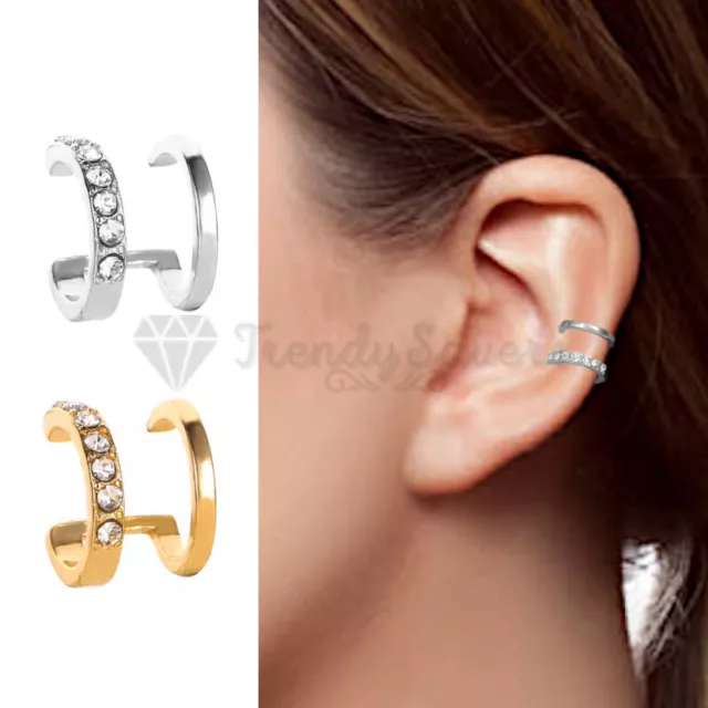 1x Sterling Silver Gold Double Band Clip On Ear Cuff Non Piercing Women Earrings