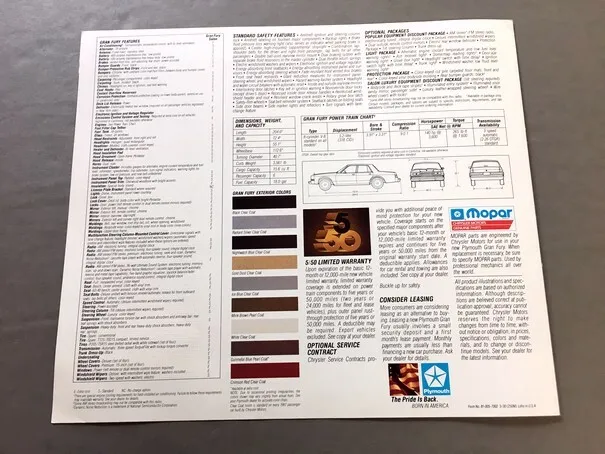 1987 Plymouth Gran Fury Salon Original Sales Brochure Folder 3