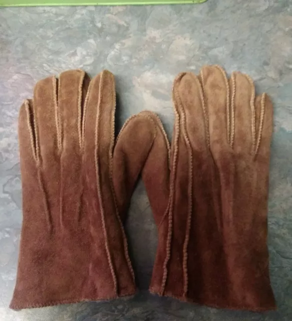 Vintage 1970s Real Suede Faux Fur Gloves Tan Size M.