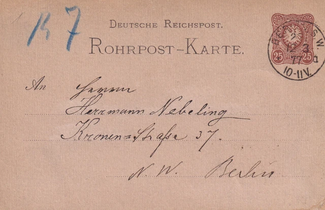 DR RP 1 seltene Rohrpostkarte 1877 in Berlin bedarfsverwendet EUR 55