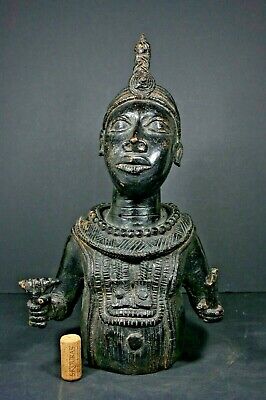 Large 16.1" African BENIN Bronze Buste, OBA Royal King - Nigeria,TRIBAL ART