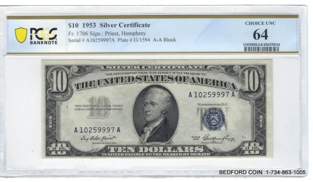 PCGS BANKNOTE CHOICE UNC 64 1953 $10 SILVER CERTIFICATE A-A BLOCK Fr.# 1706