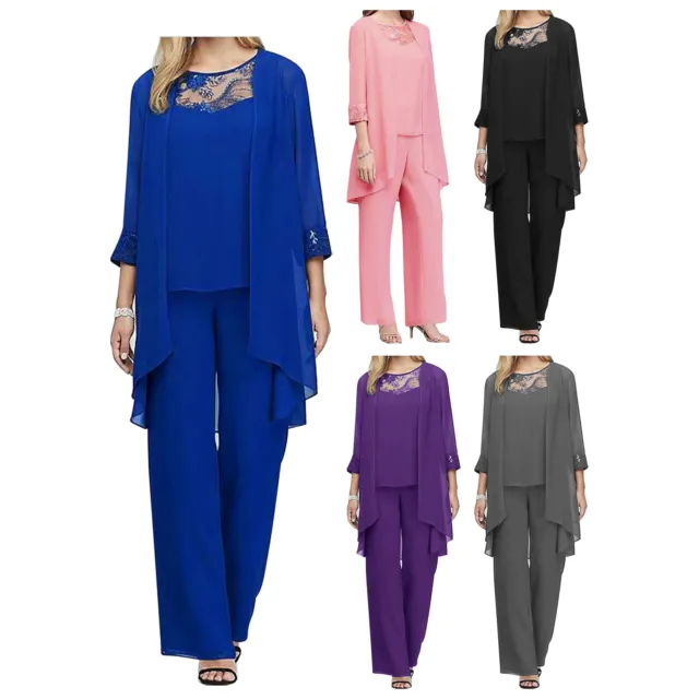 Women Elegant Wedding Guest Pants Suit 3 Pieces Set Chiffon Evening Party Outfit