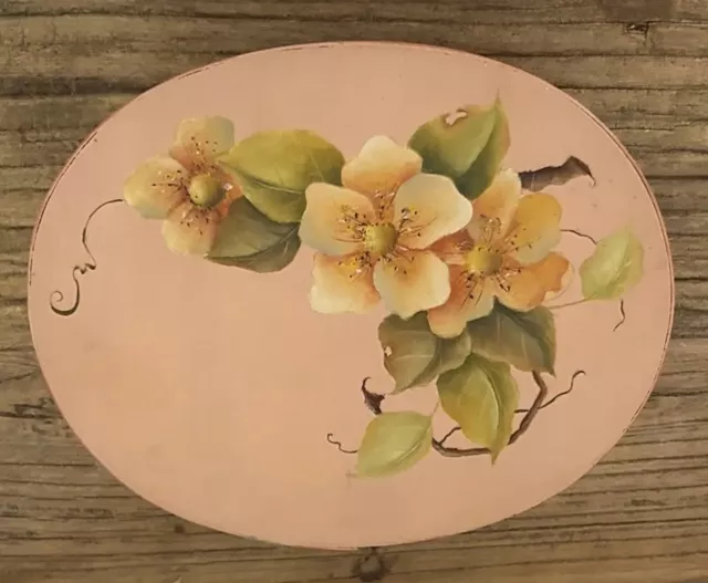 Vtg 1980s Oval Tolle Peach Hand Painted Shaker Wooden Fabic Lined Keepsake Box