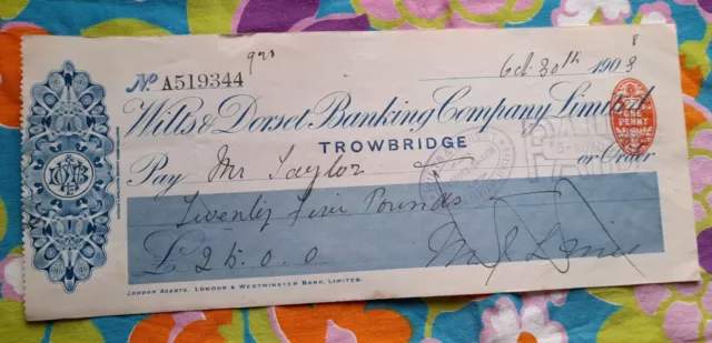 Vintage Cheque - Wilts And Dorset Banking Co Ltd - 1903