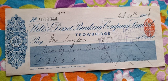 Retro Cheque VINTAGE CHEQUE - Wilts And Dorset Banking Co Ltd - 1903 £2.44 - PicClick UK