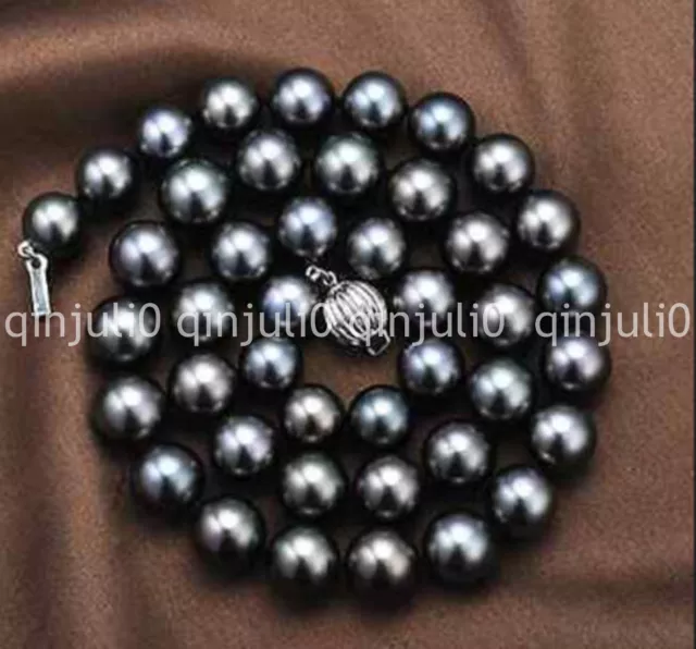 Genuine Natural 10-11mm tahitian black Pearl necklace 18inch