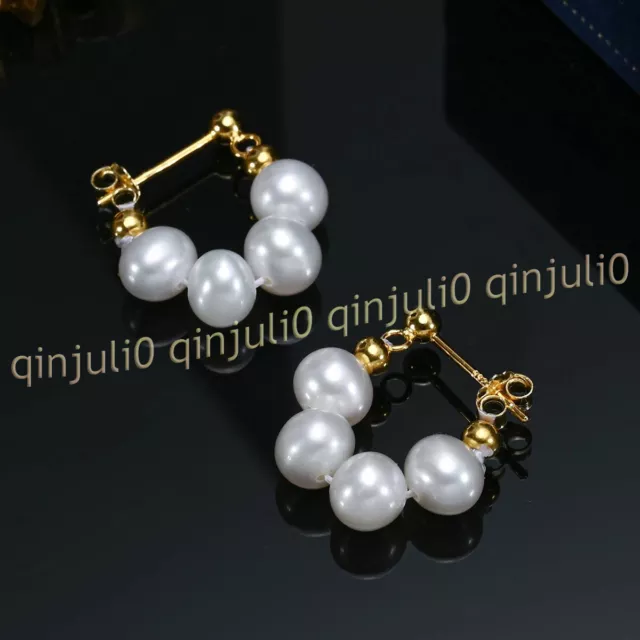 Elegant Natural 7-8mm White Freshwater Baroque Pearl Beaded Dangle Stud Earrings