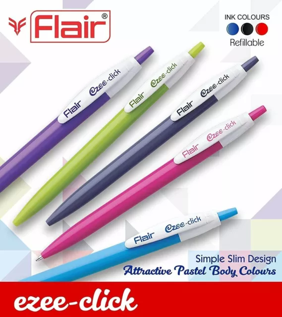 10 X Flair Ezee Click Penne a sfera retrattili Corpo multicolore Inchiostro blu