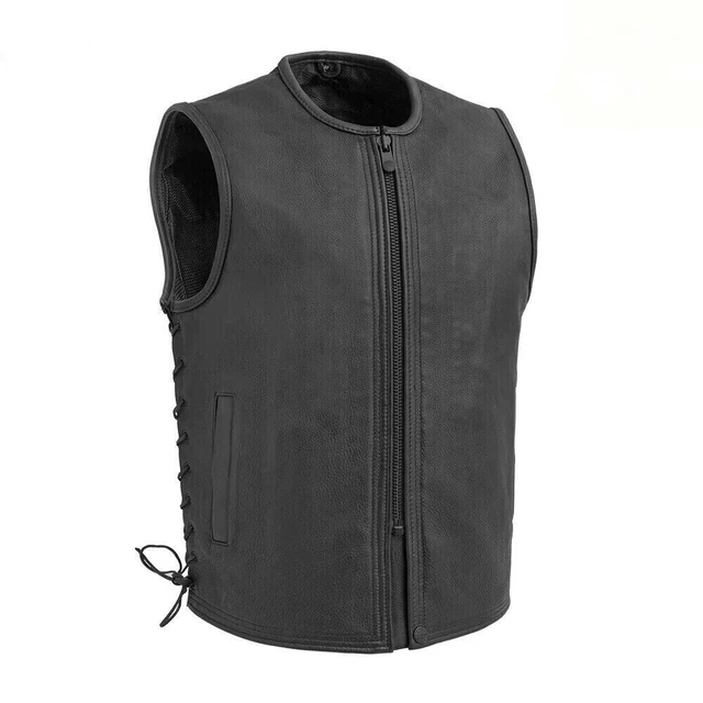 Men's Black Leather Vest With Side Lacing & Mesh Lining Motorcycle Riding