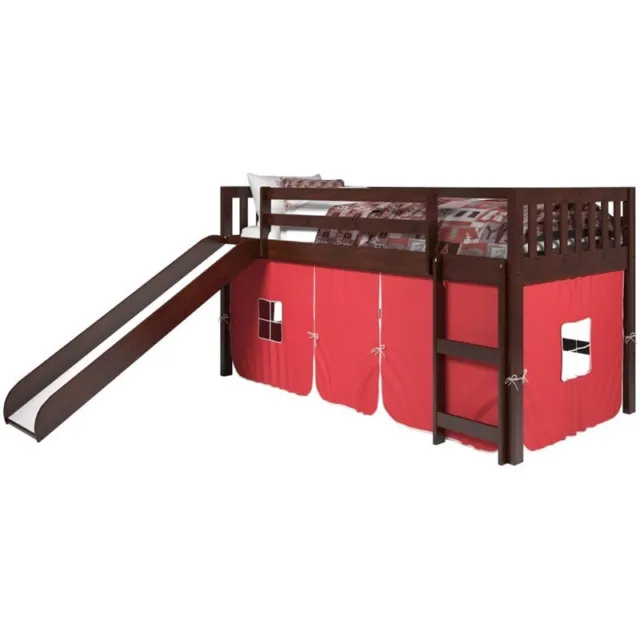 Rosebery Kids Twin Solid Wood Mission Low Loft Bed with Red Tent in Cappuccino