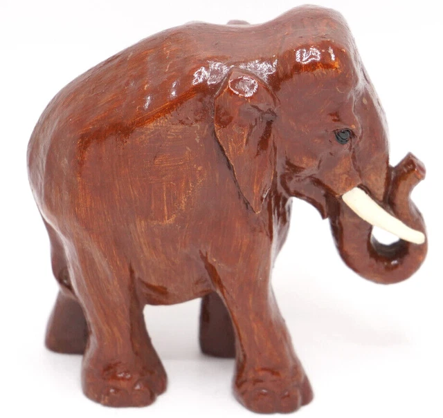 Wood Elephant Statue Hand Carved Wooden Figurine Lucky Trunk Up Sculpture 5"