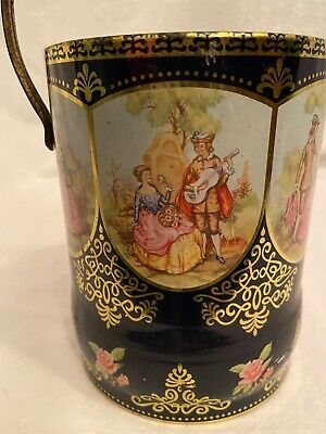 Antique Tin Can W/ Handle England Victorian Couple Scenes Pink Roses Very Old! 2