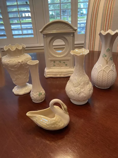 Belleek Lot Including Shamrock Mantel Clock Vases Swan Made Ireland Porcelain