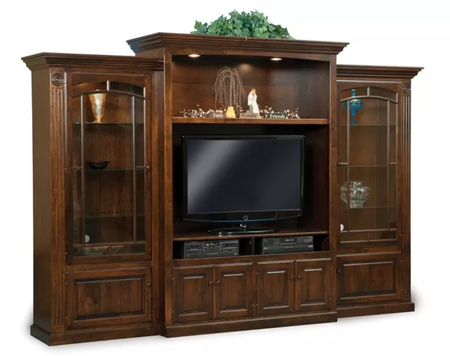 Traditional Solid Wood TV Entertainment Center Wall Unit Glass Doors Bookcase