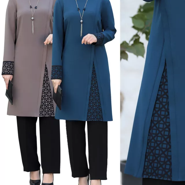 Womens Robe Long Sleeve Muslim Abaya Suits Set Top Pants Islamic 2-Piece Arab 3