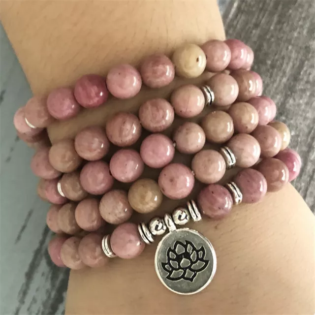 8MM 108 Rhodochrosite Buddha beads Silver Pendant Bracelet Mala energy Wrist
