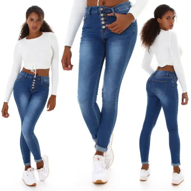 Femmes Taille Haute Jeans avec Boutons Stretch Délavé Slim Skinny Bodycon
